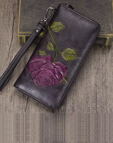 Vintage Rose Flower Tan Leather Wristlet Wallet Womens Rose Zip Around Wallets Flower Ladies Zipper Clutch Wallet for Women