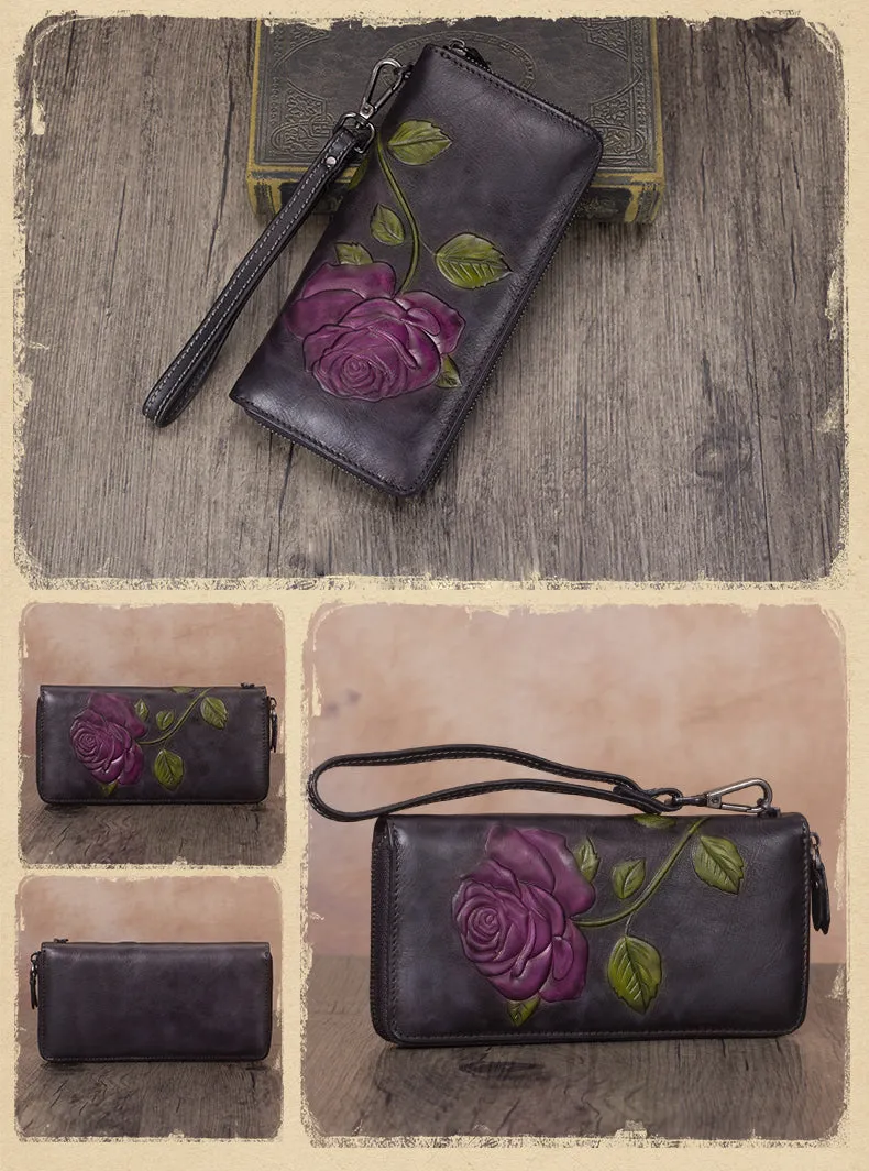Vintage Rose Flower Tan Leather Wristlet Wallet Womens Rose Zip Around Wallets Flower Ladies Zipper Clutch Wallet for Women