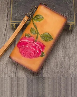 Vintage Rose Flower Tan Leather Wristlet Wallet Womens Rose Zip Around Wallets Flower Ladies Zipper Clutch Wallet for Women