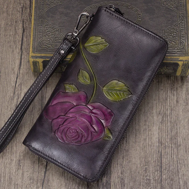 Vintage Rose Flower Tan Leather Wristlet Wallet Womens Rose Zip Around Wallets Flower Ladies Zipper Clutch Wallet for Women