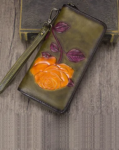 Vintage Rose Flower Tan Leather Wristlet Wallet Womens Rose Zip Around Wallets Flower Ladies Zipper Clutch Wallet for Women