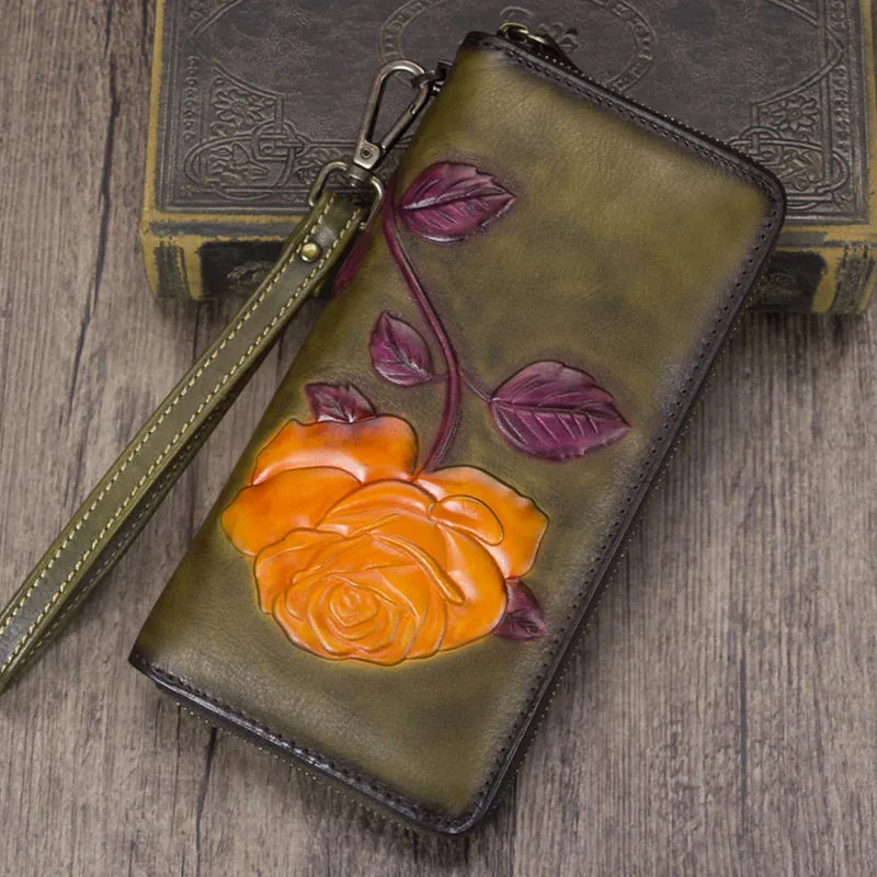 Vintage Rose Flower Tan Leather Wristlet Wallet Womens Rose Zip Around Wallets Flower Ladies Zipper Clutch Wallet for Women