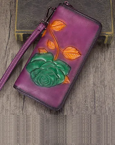 Vintage Rose Flower Tan Leather Wristlet Wallet Womens Rose Zip Around Wallets Flower Ladies Zipper Clutch Wallet for Women