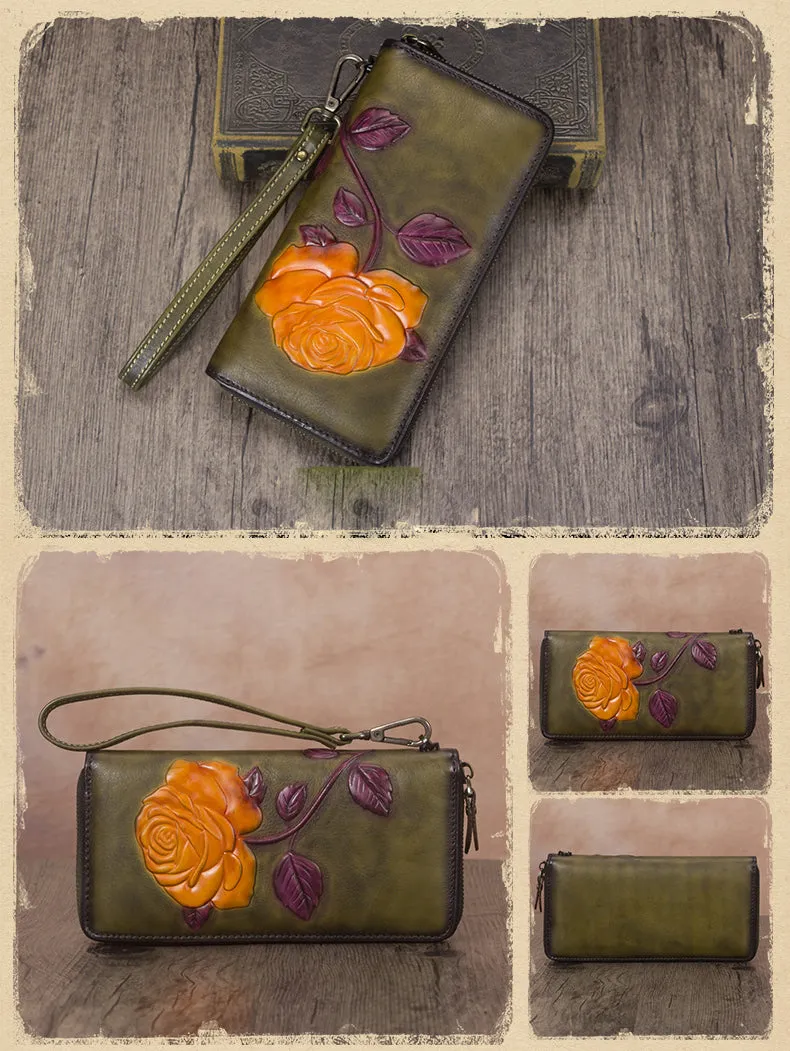 Vintage Rose Flower Tan Leather Wristlet Wallet Womens Rose Zip Around Wallets Flower Ladies Zipper Clutch Wallet for Women