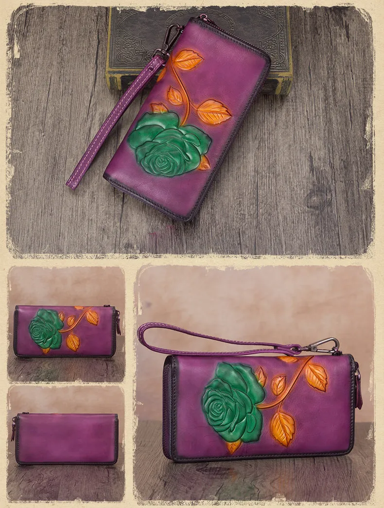 Vintage Rose Flower Tan Leather Wristlet Wallet Womens Rose Zip Around Wallets Flower Ladies Zipper Clutch Wallet for Women