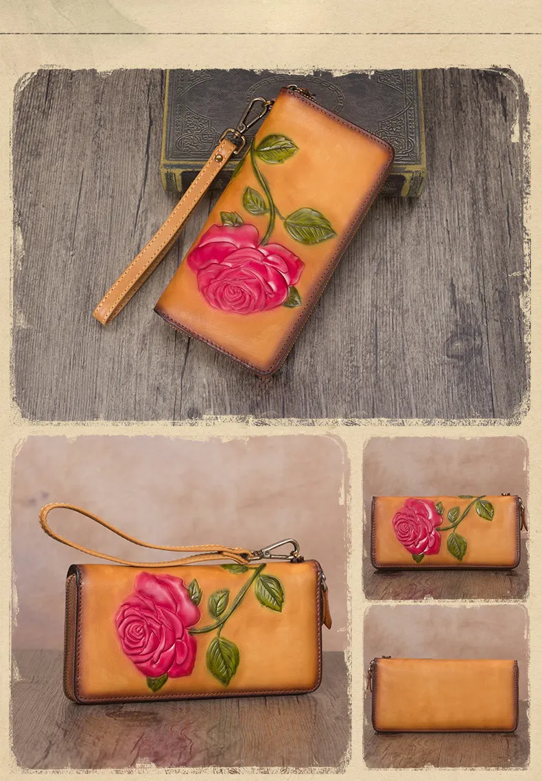 Vintage Rose Flower Tan Leather Wristlet Wallet Womens Rose Zip Around Wallets Flower Ladies Zipper Clutch Wallet for Women