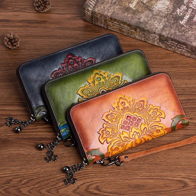 Vintage SunFlower Brown Leather Wristlet Wallet Womens Flower Zip Around Wallets Flowers Ladies Zipper Clutch Wallet for Women