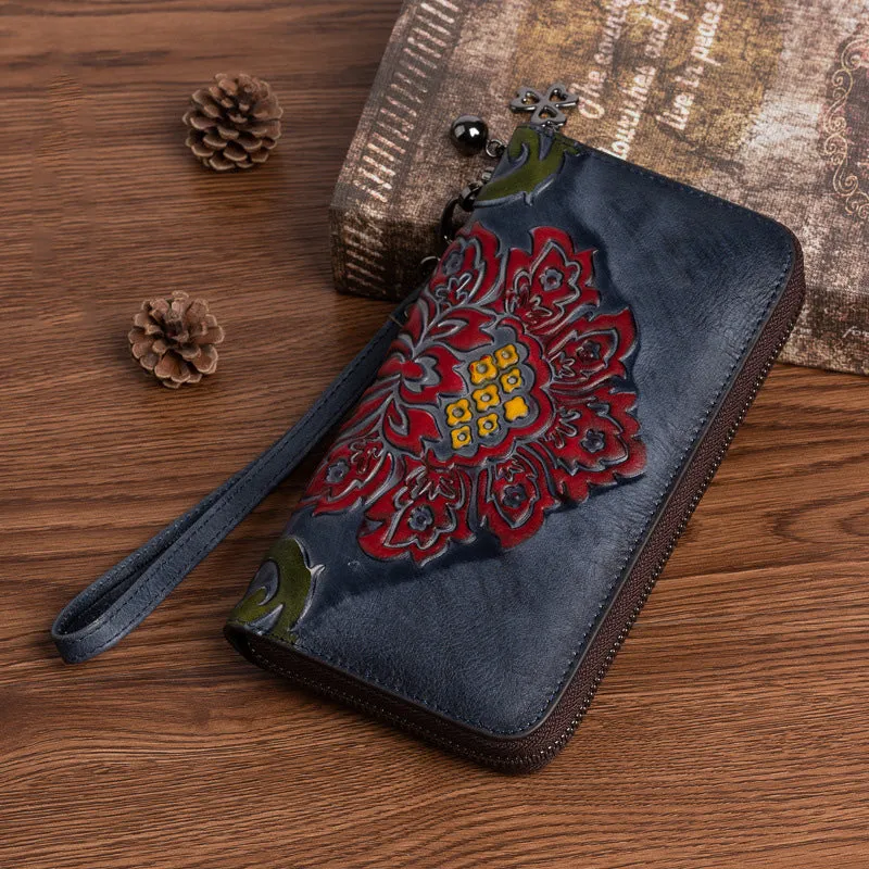 Vintage SunFlower Brown Leather Wristlet Wallet Womens Flower Zip Around Wallets Flowers Ladies Zipper Clutch Wallet for Women