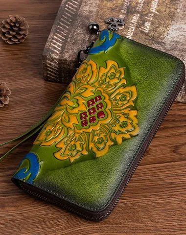 Vintage SunFlower Brown Leather Wristlet Wallet Womens Flower Zip Around Wallets Flowers Ladies Zipper Clutch Wallet for Women