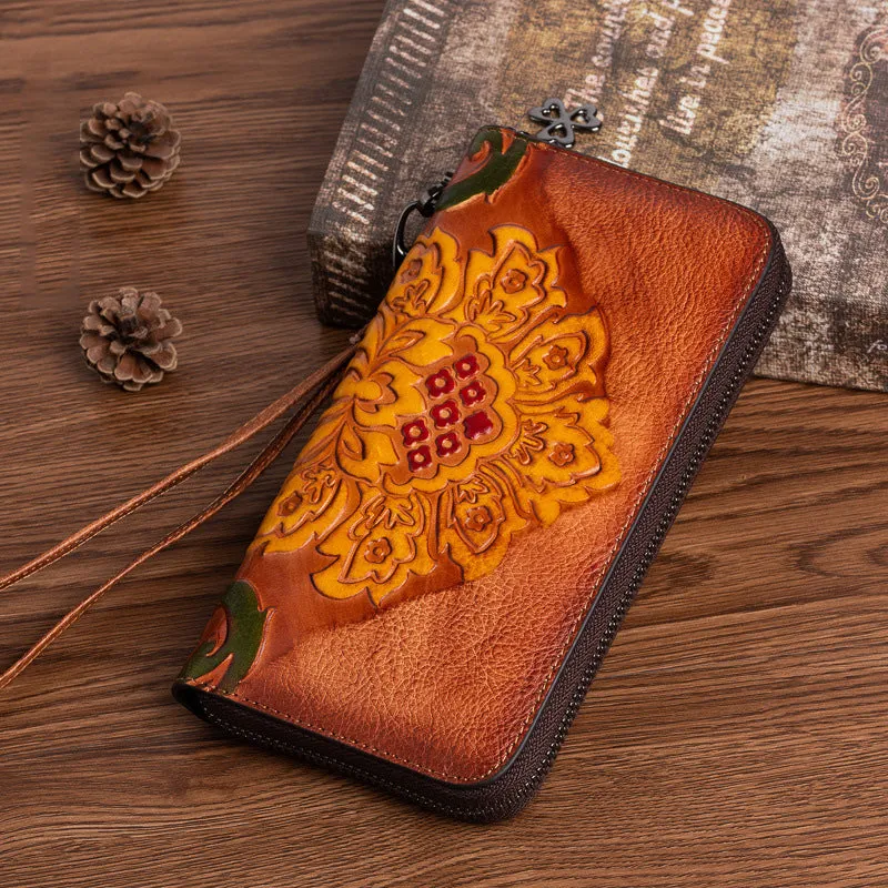 Vintage SunFlower Brown Leather Wristlet Wallet Womens Flower Zip Around Wallets Flowers Ladies Zipper Clutch Wallet for Women