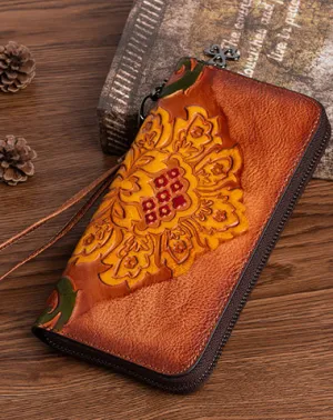 Vintage SunFlower Brown Leather Wristlet Wallet Womens Flower Zip Around Wallets Flowers Ladies Zipper Clutch Wallet for Women