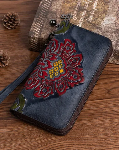Vintage SunFlower Leather Wristlet Wallet Womens Flower Zip Around Wallets Flowers Ladies Zipper Clutch Wallet for Women