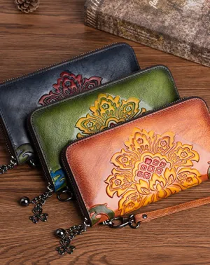 Vintage SunFlower Leather Wristlet Wallet Womens Flower Zip Around Wallets Flowers Ladies Zipper Clutch Wallet for Women