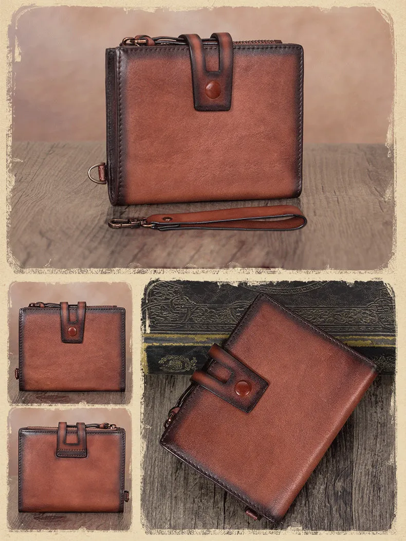 Vintage Tan Leather Small Wristlet Wallet Womens Billfold Wallet Bifold Small Wallet for Women