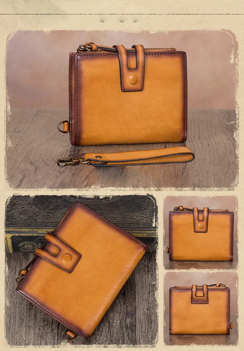 Vintage Tan Leather Small Wristlet Wallet Womens Billfold Wallet Bifold Small Wallet for Women