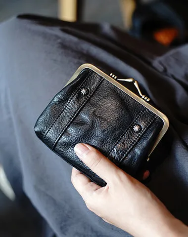 Vintage Women Black Leather Billfold Wallet Frame Clasp Coin Wallet Change Wallet For Women