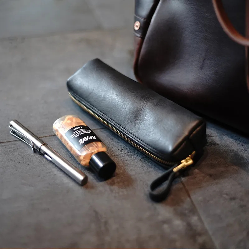 Vintage Women Black Leather Zipper Pencil Pouch Cosmetic Case Makeup Bag Wallet For Women