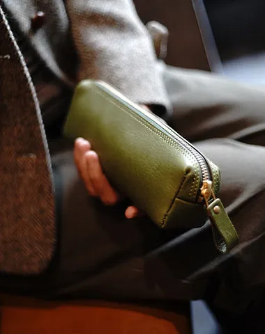 Vintage Women Blue Leather Zipper Pencil Pouch Cosmetic Case Makeup Bag Wallet For Women