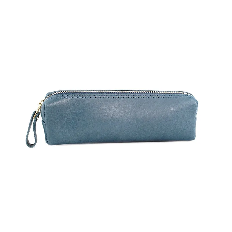 Vintage Women Blue Leather Zipper Pencil Pouch Cosmetic Case Makeup Bag Wallet For Women