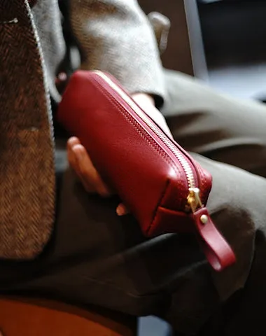 Vintage Women Blue Leather Zipper Pencil Pouch Cosmetic Case Makeup Bag Wallet For Women