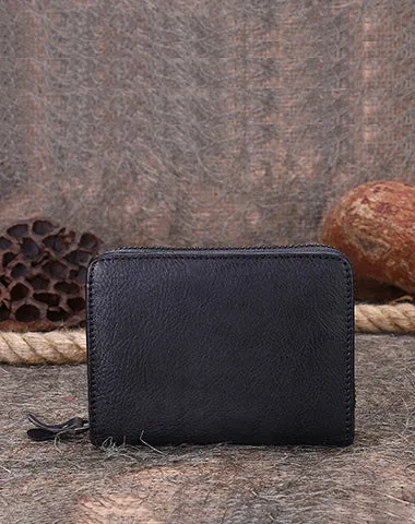 Vintage Women Brown Leather Small Wallet with Zip Around Card Holders Bifold Small Wallet Billfold For Women
