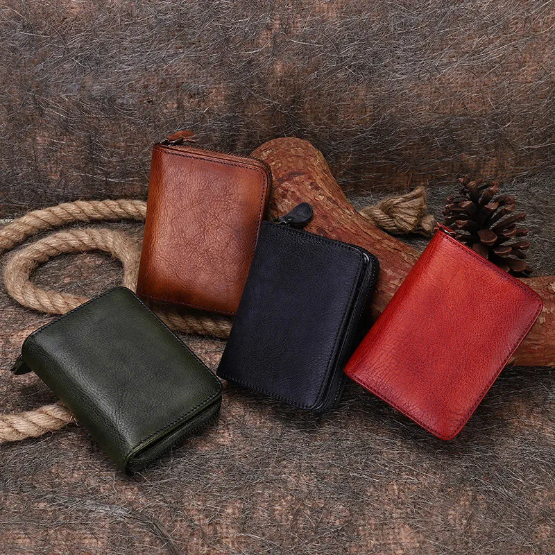 Vintage Women Brown Leather Small Wallet with Zip Around Card Holders Bifold Small Wallet Billfold For Women