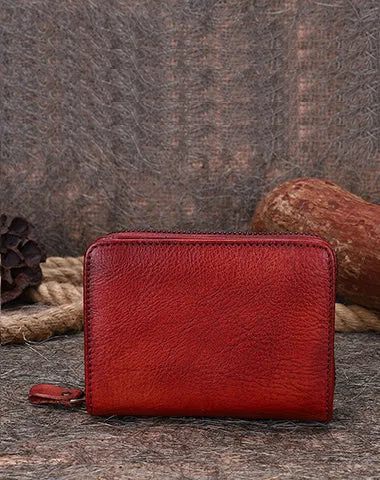 Vintage Women Brown Leather Small Wallet with Zip Around Card Holders Bifold Small Wallet Billfold For Women