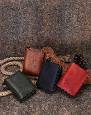 Vintage Women Brown Leather Small Wallet with Zip Around Card Holders Bifold Small Wallet Billfold For Women