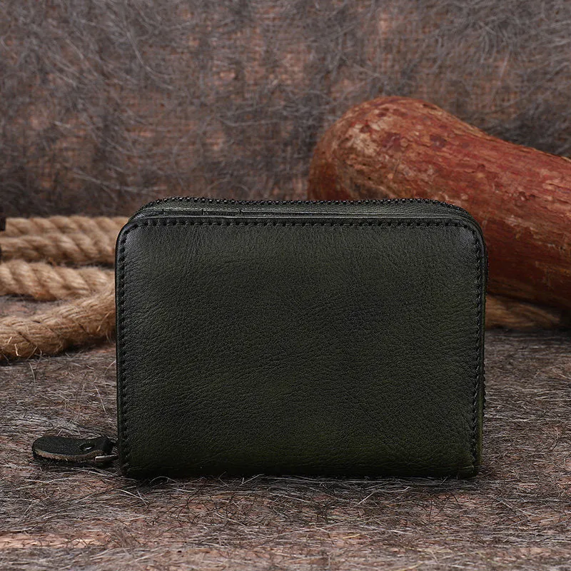 Vintage Women Brown Leather Small Wallet with Zip Around Card Holders Bifold Small Wallet Billfold For Women