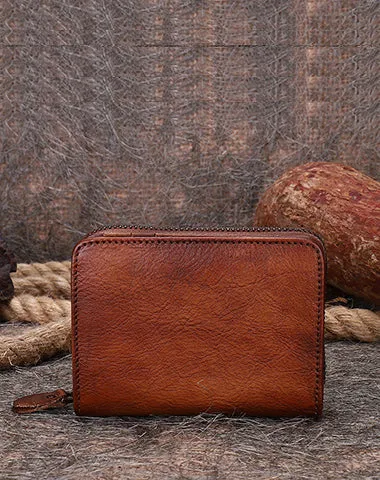 Vintage Women Brown Leather Small Wallet with Zip Around Card Holders Bifold Small Wallet Billfold For Women