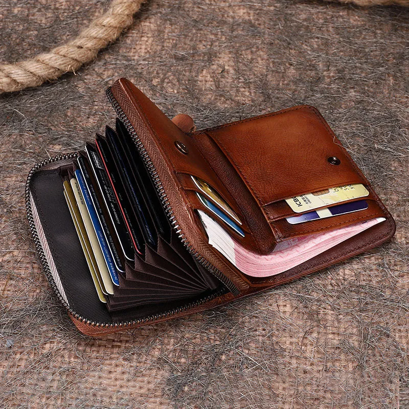 Vintage Women Brown Leather Small Wallet with Zip Around Card Holders Bifold Small Wallet Billfold For Women