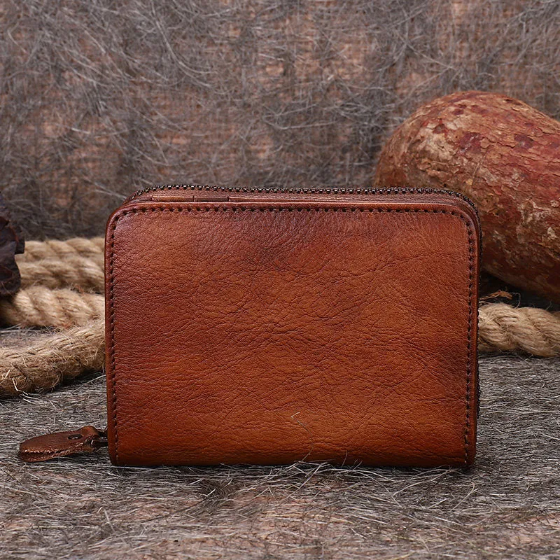 Vintage Women Brown Leather Small Wallet with Zip Around Card Holders Bifold Small Wallet Billfold For Women