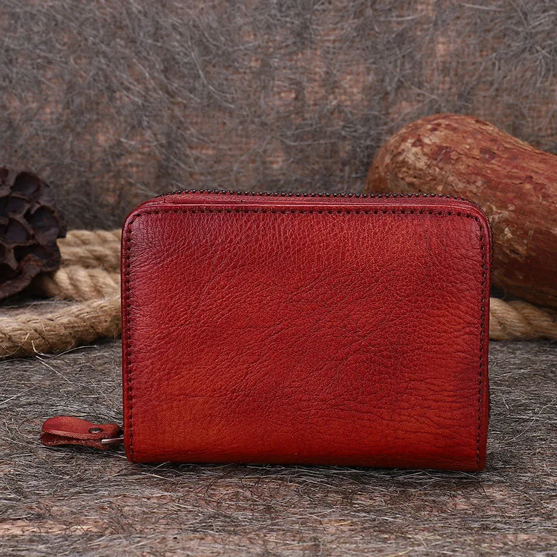 Vintage Women Brown Leather Small Wallet with Zip Around Card Holders Bifold Small Wallet Billfold For Women