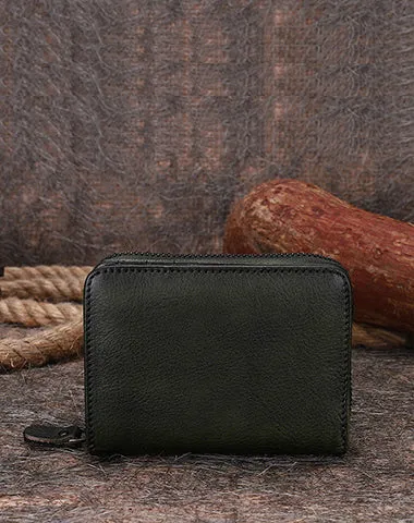 Vintage Women Brown Leather Small Wallet with Zip Around Card Holders Bifold Small Wallet Billfold For Women