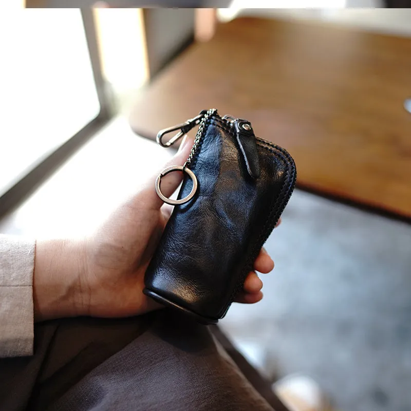 Vintage Women Brown Leather Zip Key Wallet Car Key Holder Coin Wallet Coin Pouch Change Wallet For Women