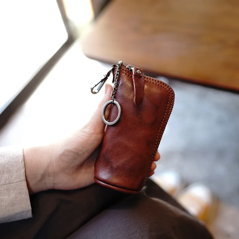 Vintage Women Brown Leather Zip Key Wallet Car Key Holder Coin Wallet Coin Pouch Change Wallet For Women
