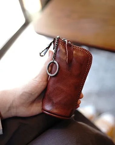 Vintage Women Brown Leather Zip Key Wallet Car Key Holder Coin Wallet Coin Pouch Change Wallet For Women