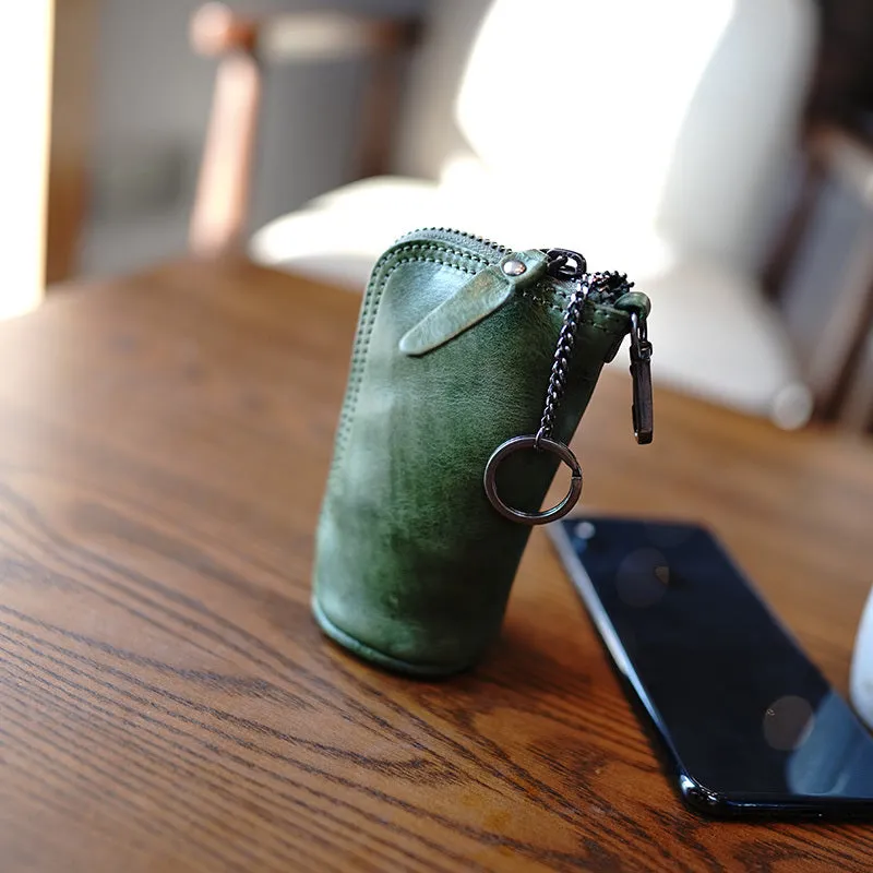 Vintage Women Green Leather Zip Key Wallet Car Key Holder Coin Wallet Coin Pouch Change Wallet For Women