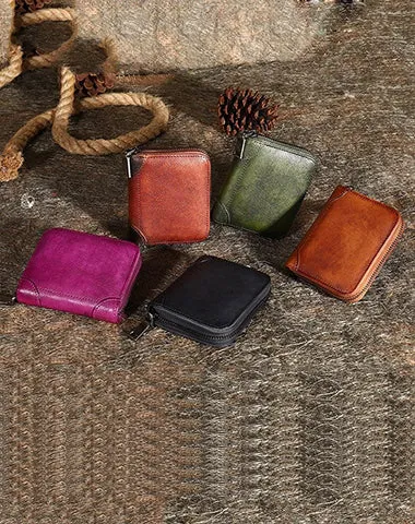 Vintage Women Purple Leather Small Wallet Zip Around Bifold Billfold Wallet with Coin Pocket For Women