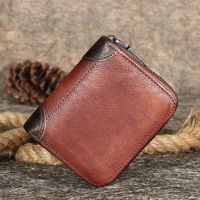 Vintage Women Purple Leather Small Wallet Zip Around Bifold Billfold Wallet with Coin Pocket For Women