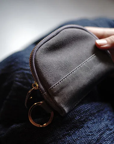 Vintage Women Purple Leather Zip Coin Pouch with Keyring Coin Wallet Change Wallet For Women