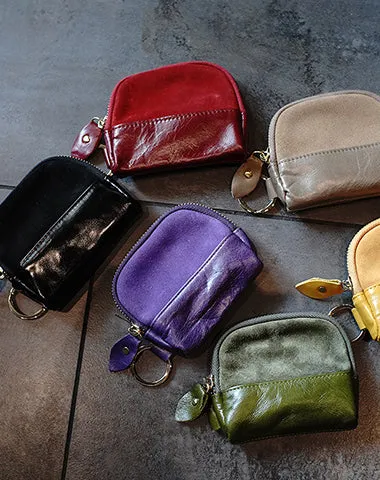 Vintage Women Purple Leather Zip Coin Pouch with Keyring Coin Wallet Change Wallet For Women