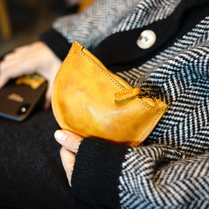 Vintage Women Yellow Leather Zip Coin Pouch Saddle Coin Wallet Change Wallet For Women