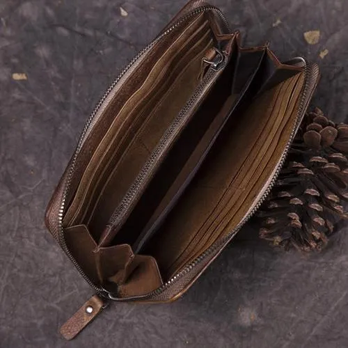 Vintage Womens Black Leather Long Wallet Clutch Brown Zipper Long Woven Wallet Purses for Ladies
