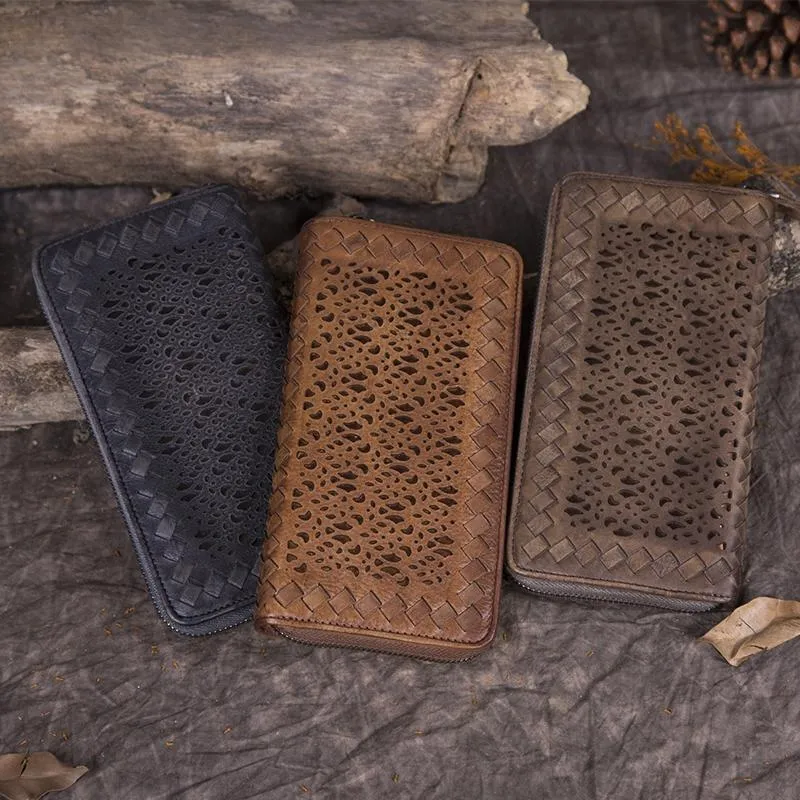 Vintage Womens Black Leather Long Wallet Clutch Brown Zipper Long Woven Wallet Purses for Ladies