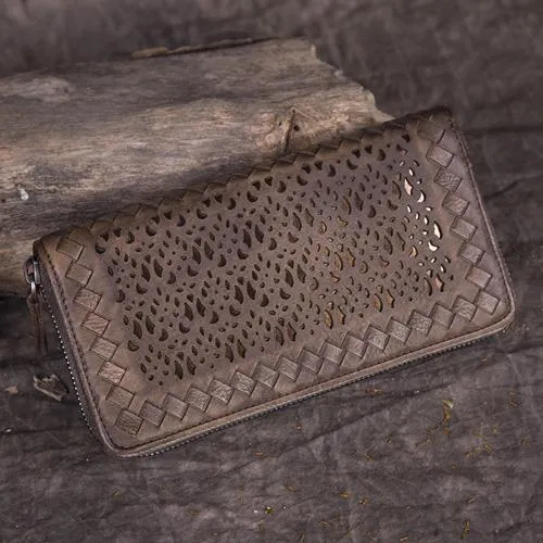 Vintage Womens Black Leather Long Wallet Clutch Brown Zipper Long Woven Wallet Purses for Ladies