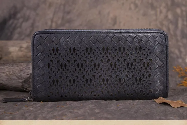 Vintage Womens Black Leather Long Wallet Clutch Brown Zipper Long Woven Wallet Purses for Ladies