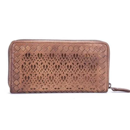 Vintage Womens Black Leather Long Wallet Clutch Brown Zipper Long Woven Wallet Purses for Ladies
