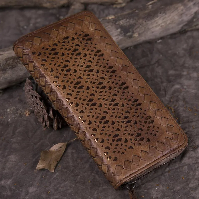 Vintage Womens Black Leather Long Wallet Clutch Brown Zipper Long Woven Wallet Purses for Ladies