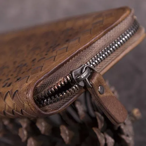 Vintage Womens Black Leather Long Wallet Clutch Brown Zipper Long Woven Wallet Purses for Ladies